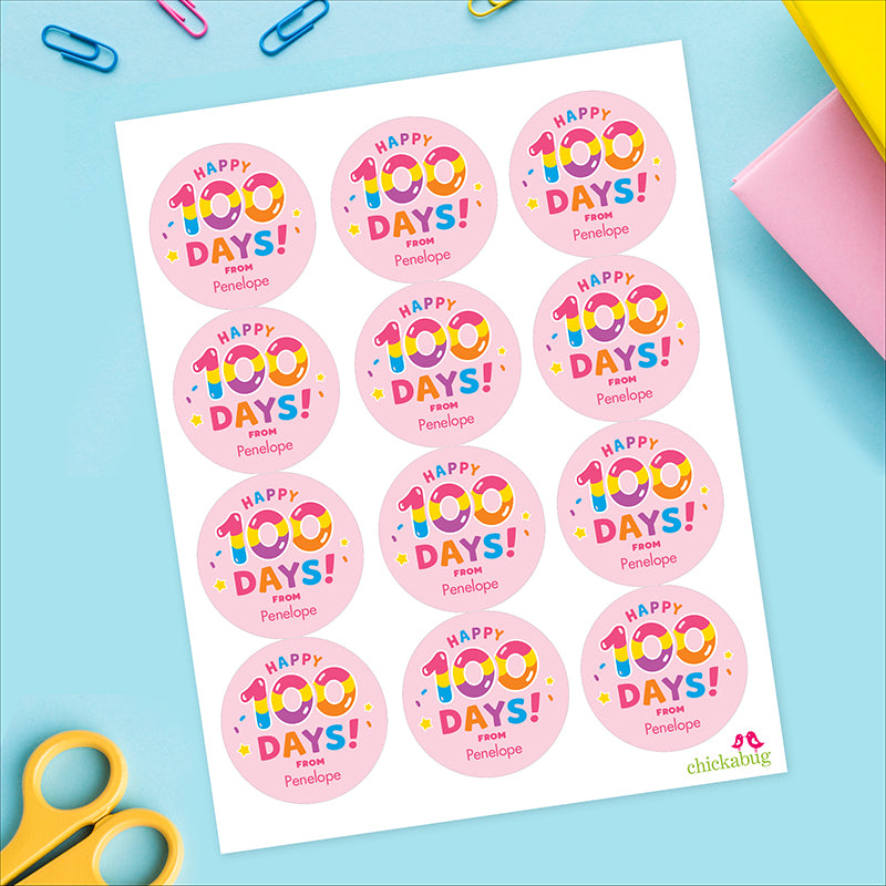 Pink "Happy 100 Days" 100th Day of School Labels