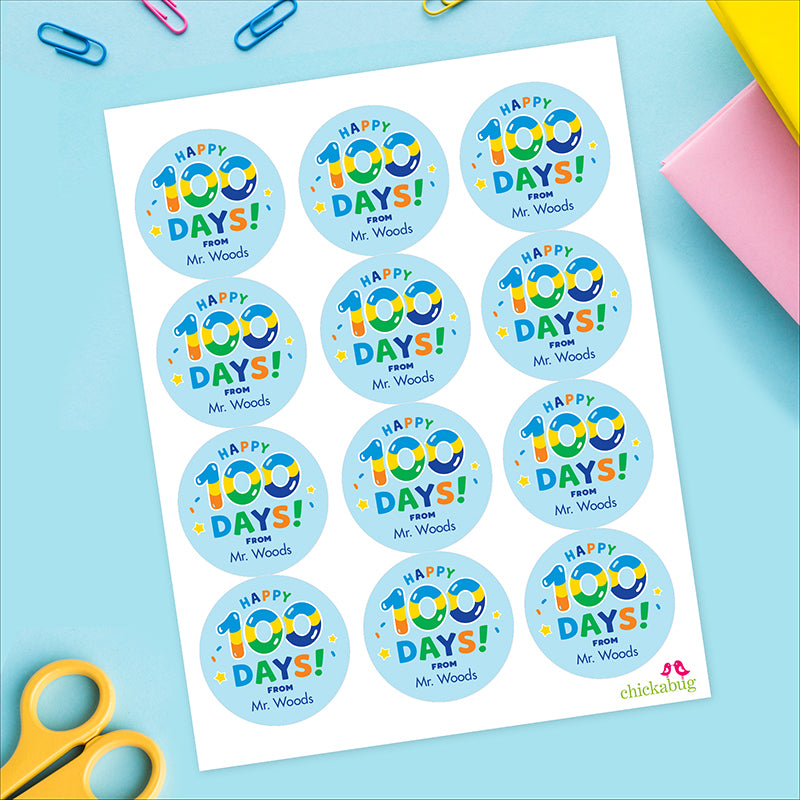 Blue "Happy 100 Days" 100th Day of School Labels