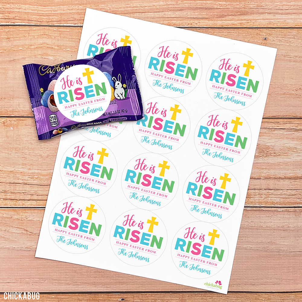 personalized-he-is-risen-religious-easter-stickers-chickabug for Free Printable Religious Easter Tags Personalized