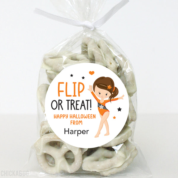 "Flip or Treat" Gymnast Halloween Stickers - Brown Hair