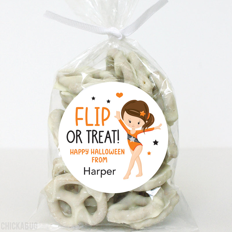 "Flip or Treat" Gymnast Halloween Stickers - Brown Hair