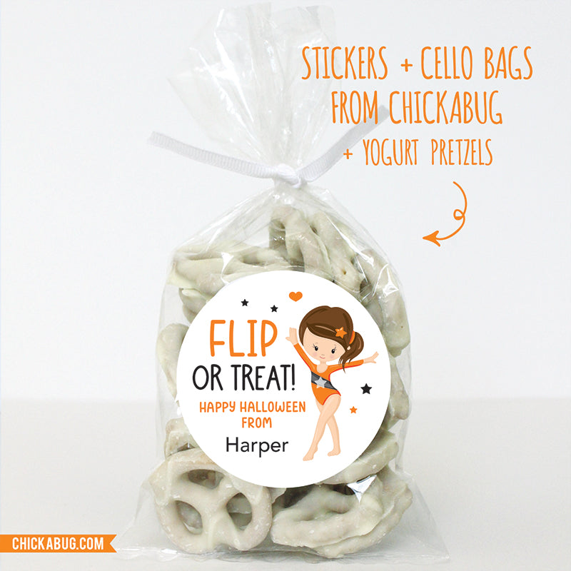 "Flip or Treat" Gymnast Halloween Stickers - Brown Hair