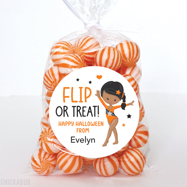"Flip or Treat" African-American Gymnast Halloween Stickers