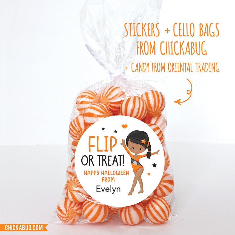 "Flip or Treat" African-American Gymnast Halloween Stickers