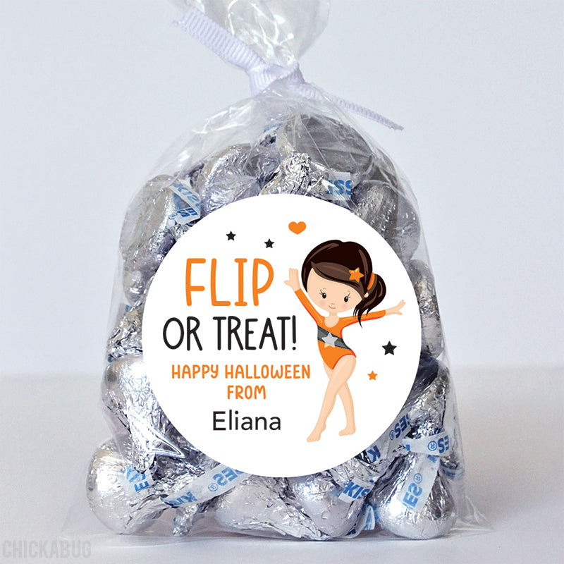 "Flip or Treat" Gymnast Halloween Stickers - Dark Hair