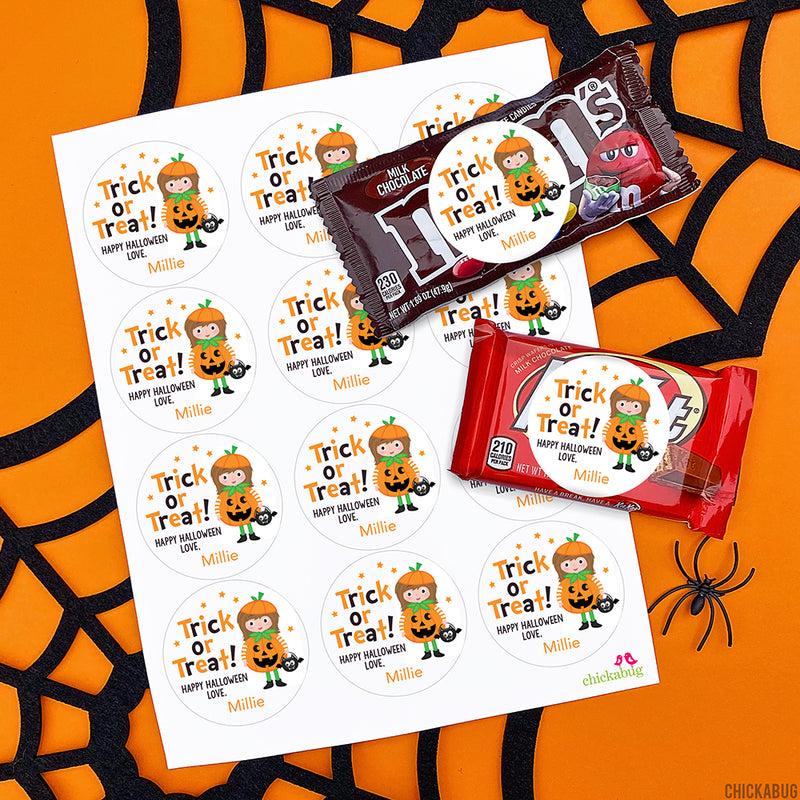 "Trick or Treat" Girl Halloween Stickers - Brown Hair
