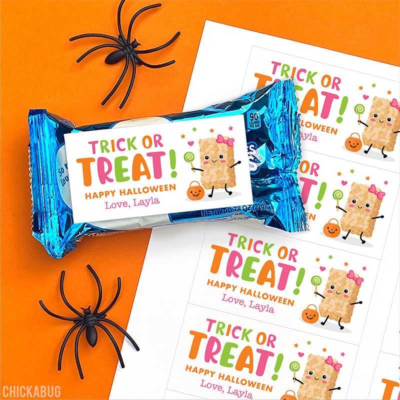 Pink "Trick or Treat" Rice Treat Halloween Labels