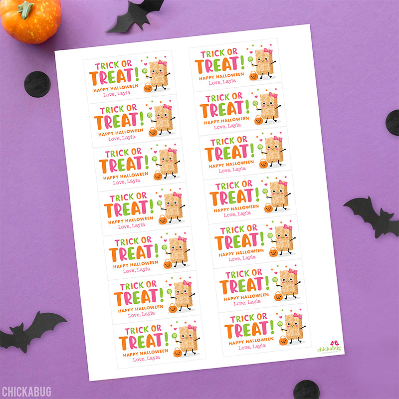 Pink "Trick or Treat" Rice Treat Halloween Labels