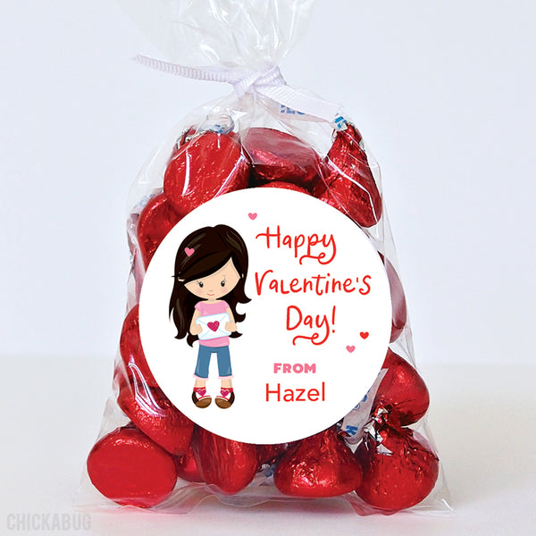 Cute Girl Valentine's Day Stickers - Black Hair