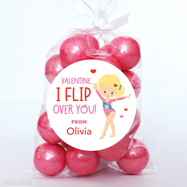 "I Flip Over You" Gymnast Valentine's Day Stickers - Blonde Hair