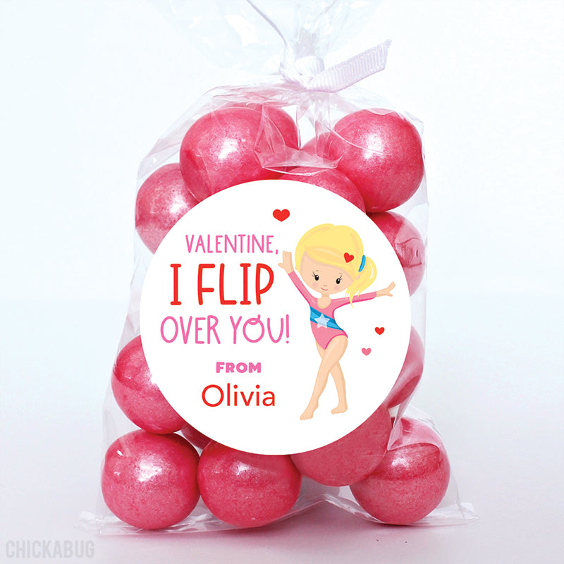 "I Flip Over You" Gymnast Valentine's Day Stickers - Blonde Hair