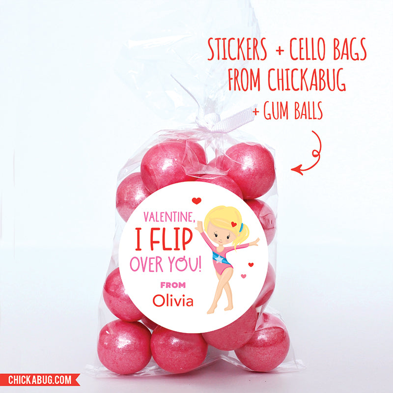 "I Flip Over You" Gymnast Valentine's Day Stickers - Blonde Hair