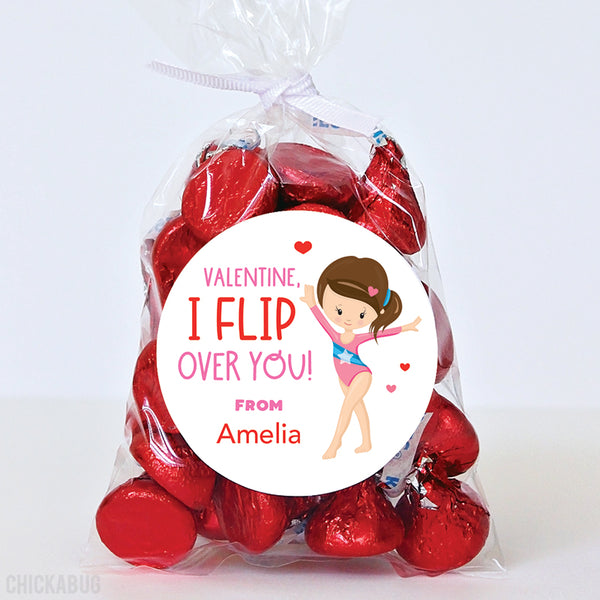"I Flip Over You" Gymnast Valentine's Day Stickers - Brown Hair