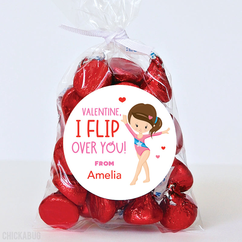 "I Flip Over You" Gymnast Valentine's Day Stickers - Brown Hair
