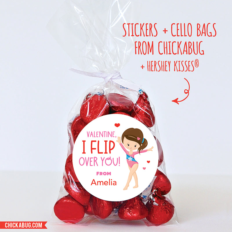 "I Flip Over You" Gymnast Valentine's Day Stickers - Brown Hair
