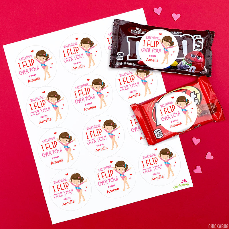 "I Flip Over You" Gymnast Valentine's Day Stickers - Brown Hair