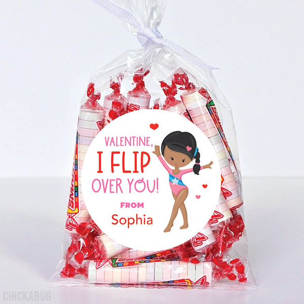 "I Flip Over You" Gymnast Valentine's Day Stickers - African-American Girl