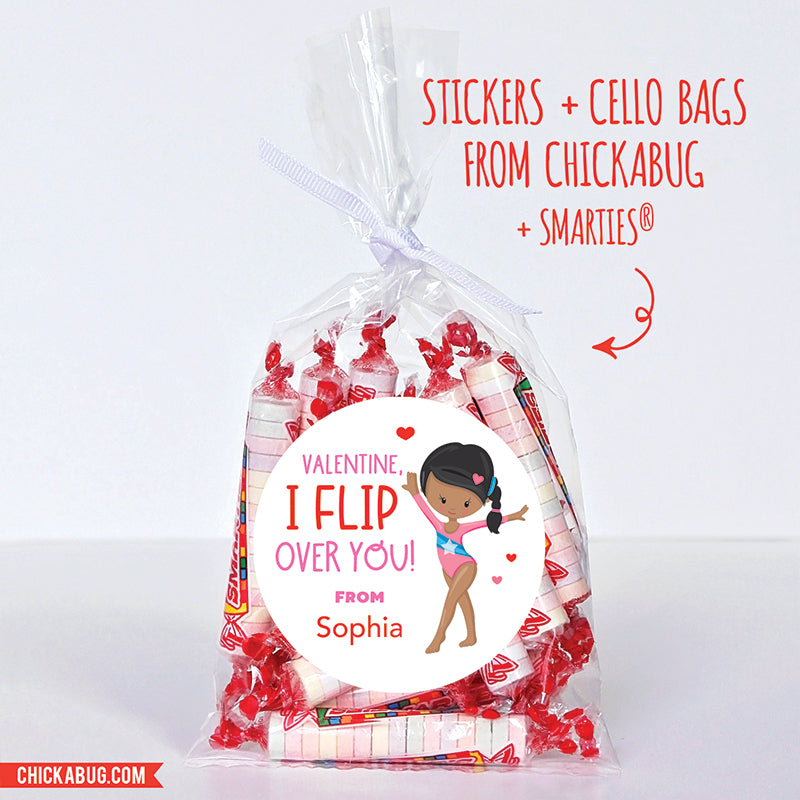 "I Flip Over You" Gymnast Valentine's Day Stickers - African-American Girl