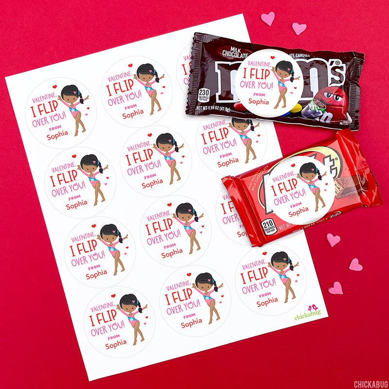 "I Flip Over You" Gymnast Valentine's Day Stickers - African-American Girl