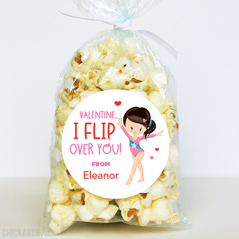 "I Flip Over You" Gymnast Valentine's Day Stickers - Dark Hair