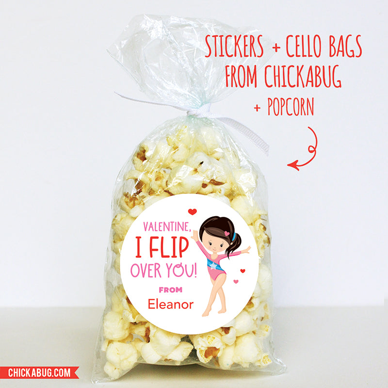 "I Flip Over You" Gymnast Valentine's Day Stickers - Dark Hair