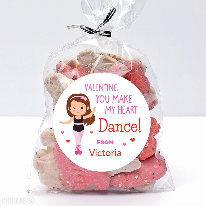Little Girl Dancer Valentine's Day Stickers - Brown Hair