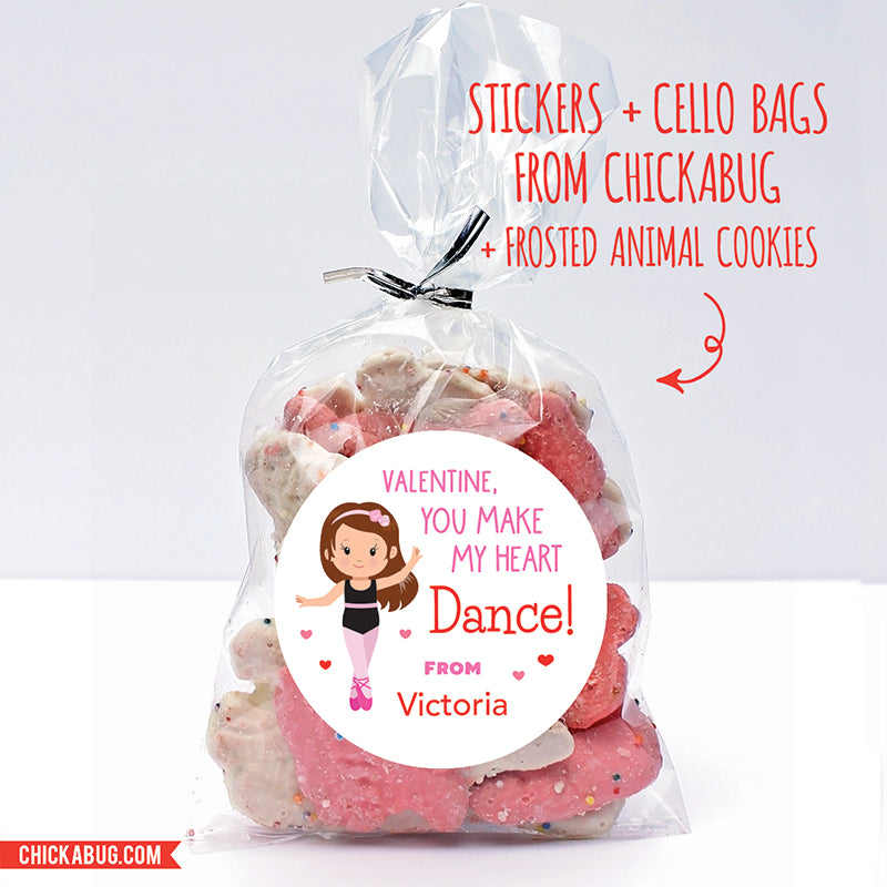 Little Girl Dancer Valentine's Day Stickers - Brown Hair