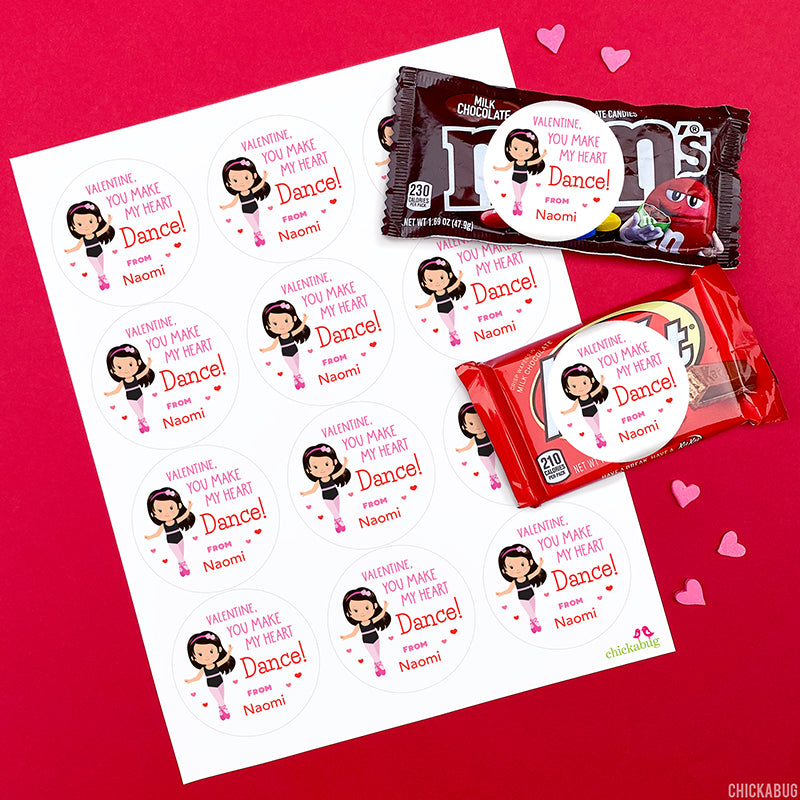 Little Girl Dancer Valentine's Day Stickers - Dark Hair