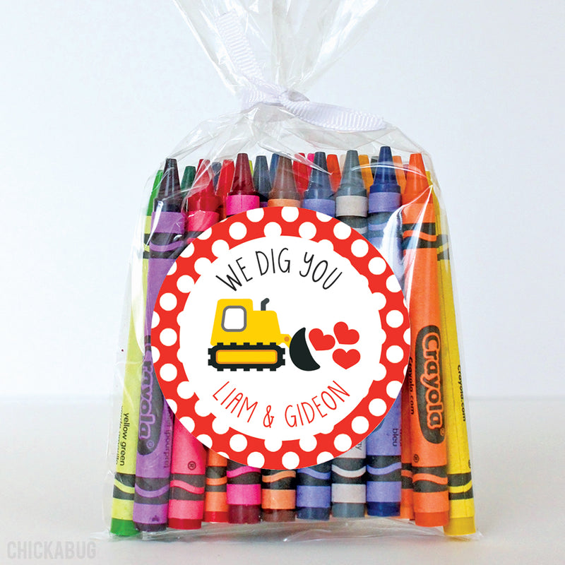 "I Dig You"  Construction Vehicles Valentine's Day Stickers