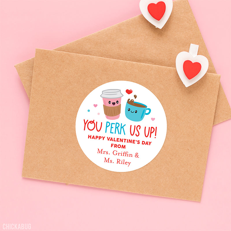 "You Perk Me Up!" Coffee Valentine's Day Stickers