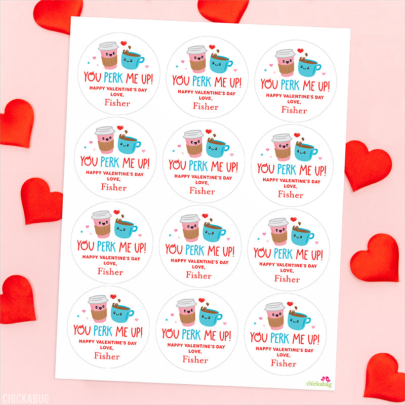 "You Perk Me Up!" Coffee Valentine's Day Stickers