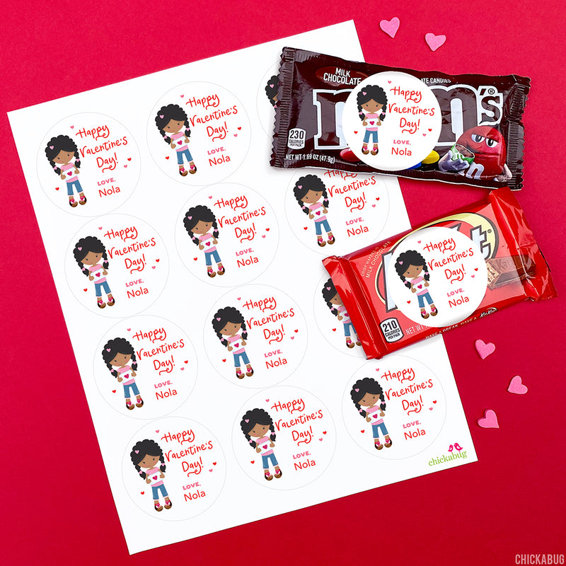 Cute Girl Valentine's Day Stickers - African-American Girl with Braids