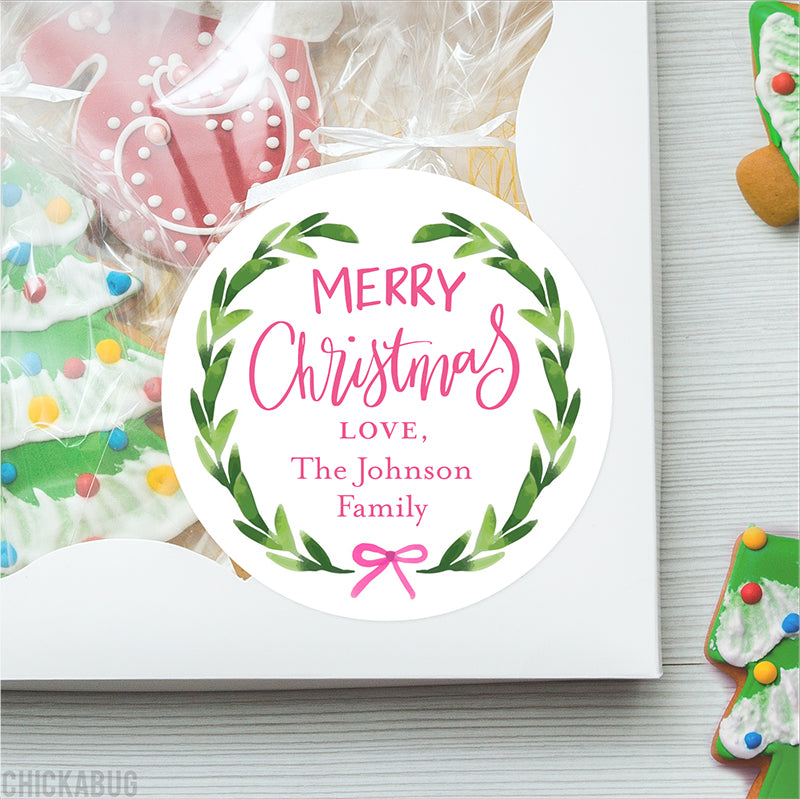 Watercolor Wreath Pink Christmas Gift Labels