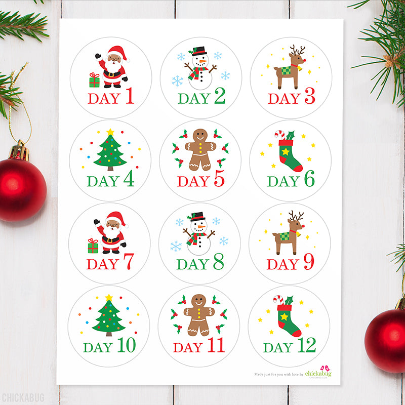 12 Days of Christmas Gift Labels with African-American Santa