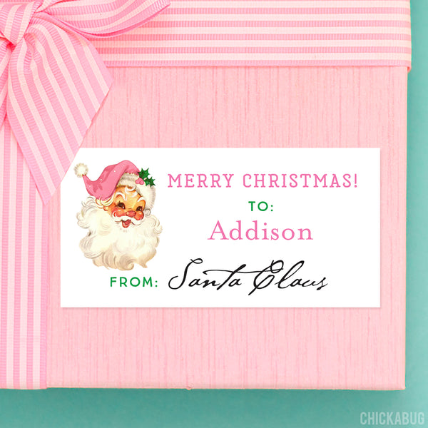 To Child From Santa Christmas Gift Labels - Pink Vintage Santa