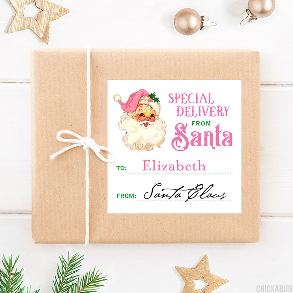 Signed by Santa Christmas Gift Labels - Pink Vintage Santa Special Delivery