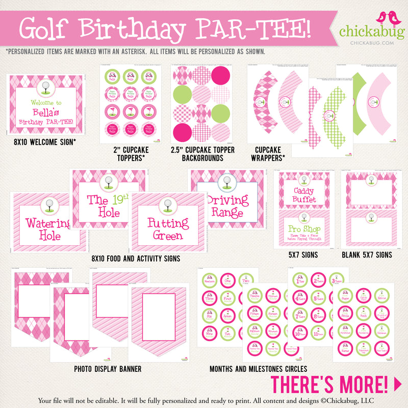 Pink Golf Birthday Party Printable Decor Kit (Digital File)