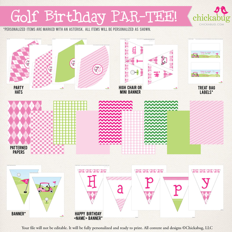 Pink Golf Birthday Party Printable Decor Kit (Digital File)