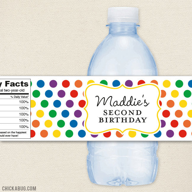 Rainbow Dots Birthday Water Bottle Labels