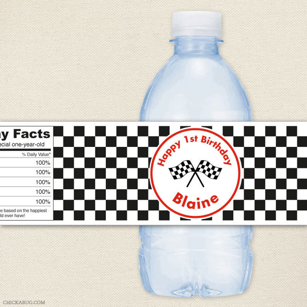 Checkered Flags Birthday Water Bottle Labels