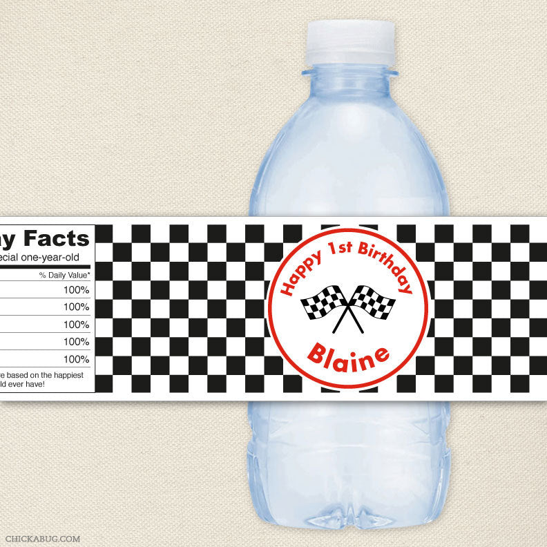 Checkered Flags Birthday Water Bottle Labels