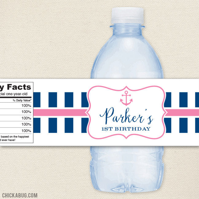 Nautical Birthday Water Bottle Labels - Pink