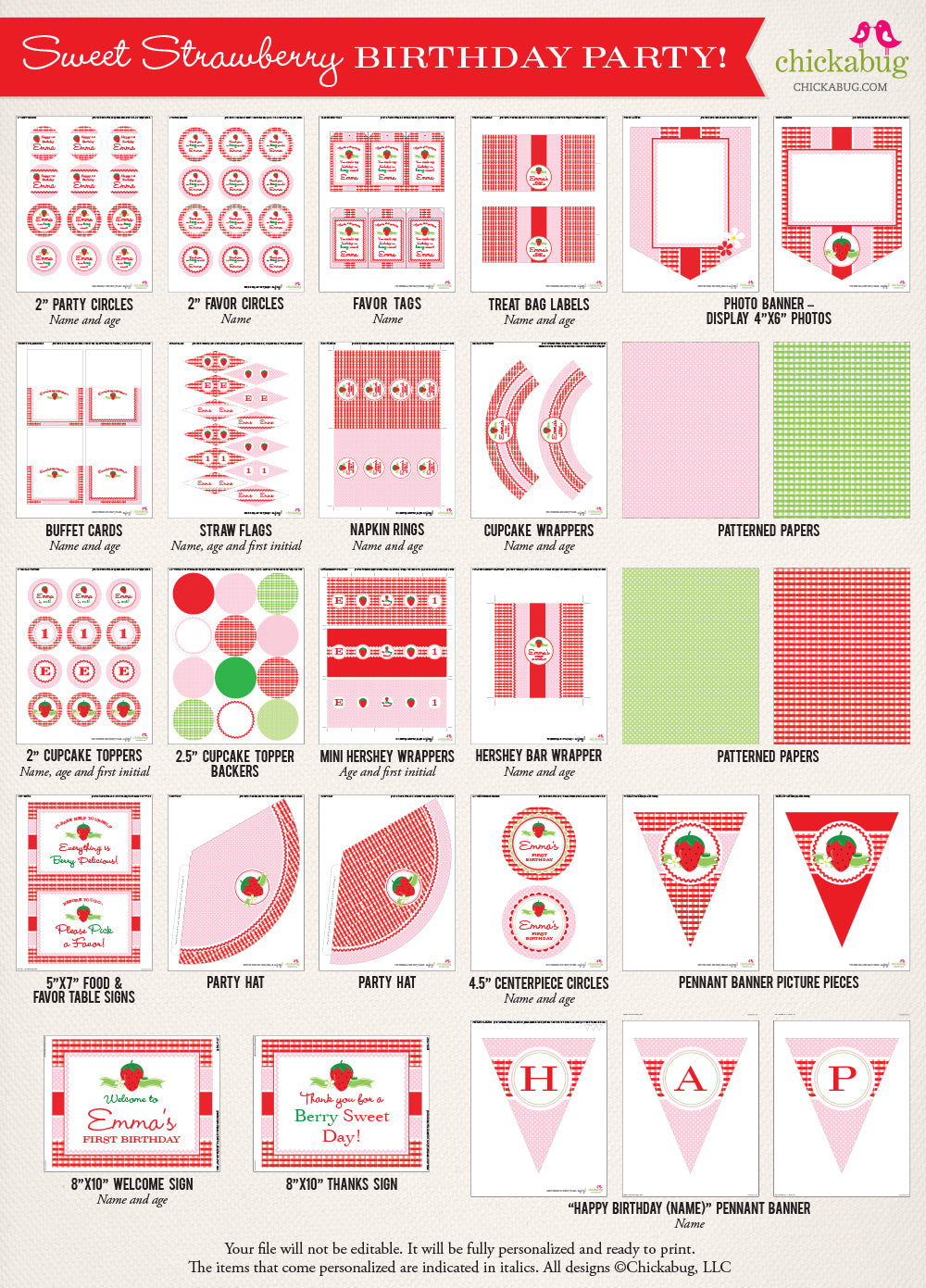 Strawberry Birthday Party Printable Decor Kit (Digital File) – Chickabug for Birthday Party Decorations Printable Free