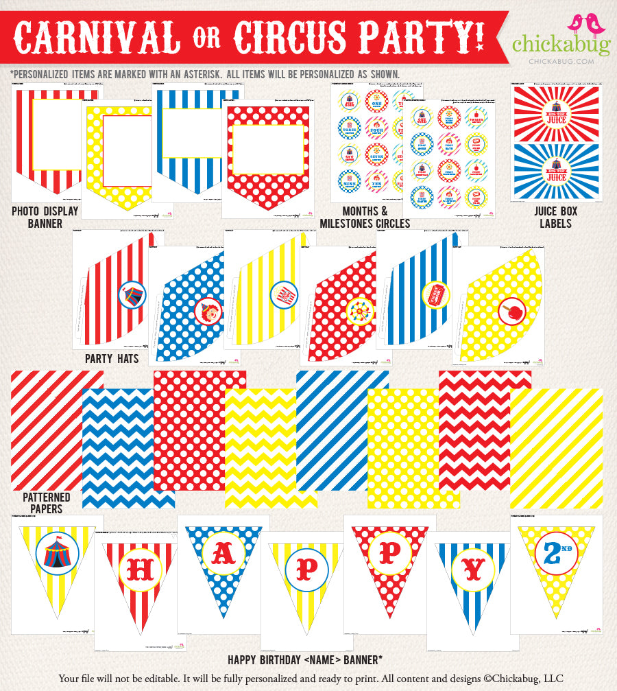 Carnival Birthday Party Printable Decor Kit (Digital File) – Chickabug for Free Printable Circus Cupcake Toppers