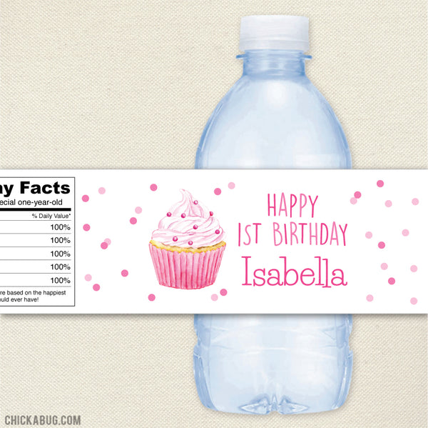 Pink Cupcake Birthday Water Bottle Labels