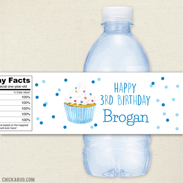 Blue Cupcake Birthday Water Bottle Labels