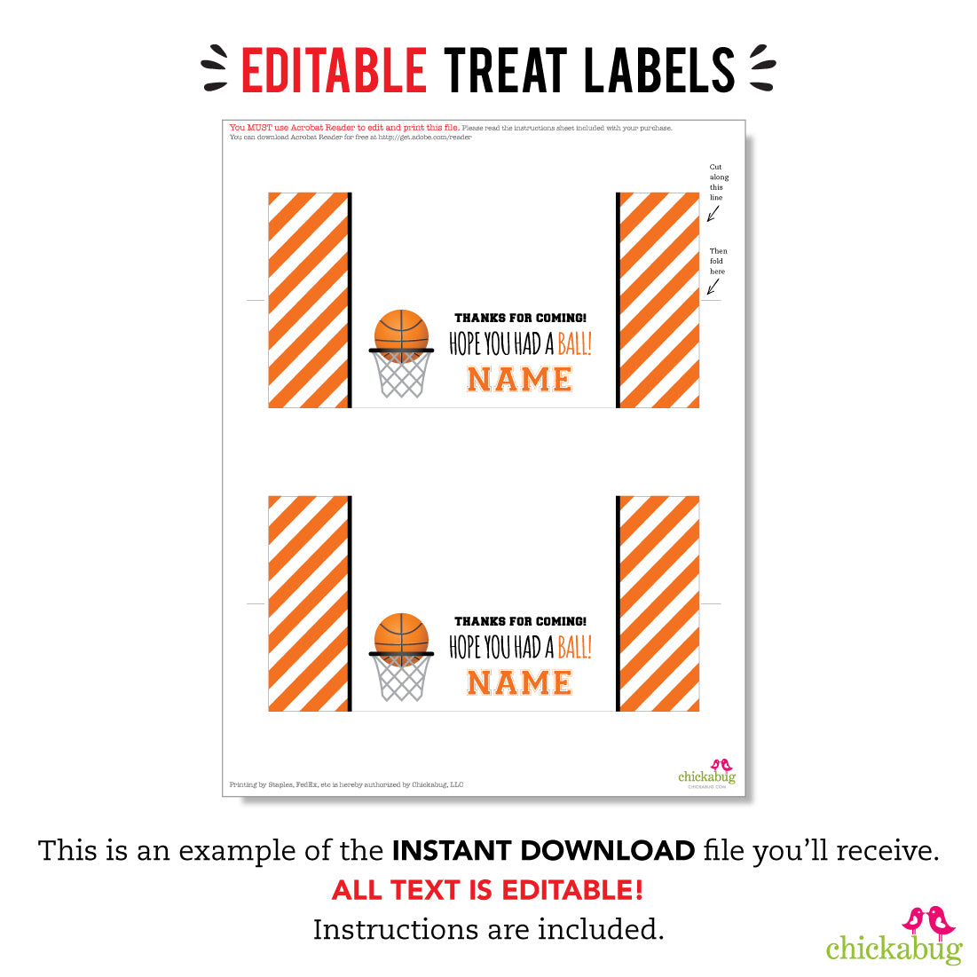 Basketball Party Treat Bag Label (EDITABLE INSTANT DOWNLOAD) Chickabug
