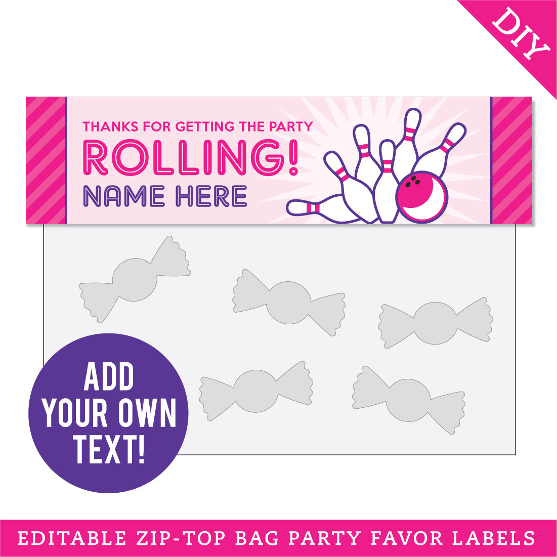 Pink Bowling Party Treat Bag Label (EDITABLE INSTANT DOWNLOAD) – Chickabug