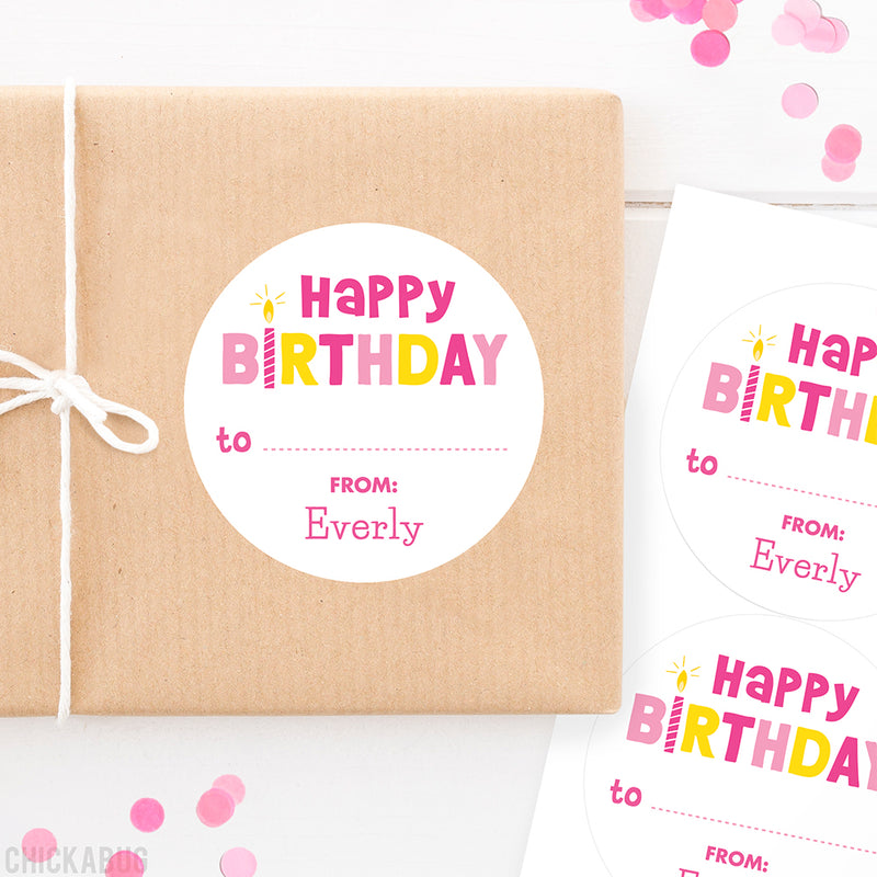 Pink Birthday Candle Birthday Gift Labels