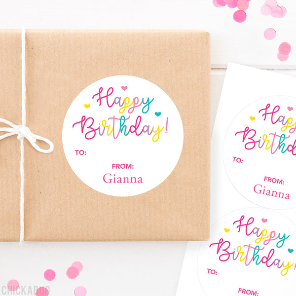 Pink Script Birthday Gift Labels